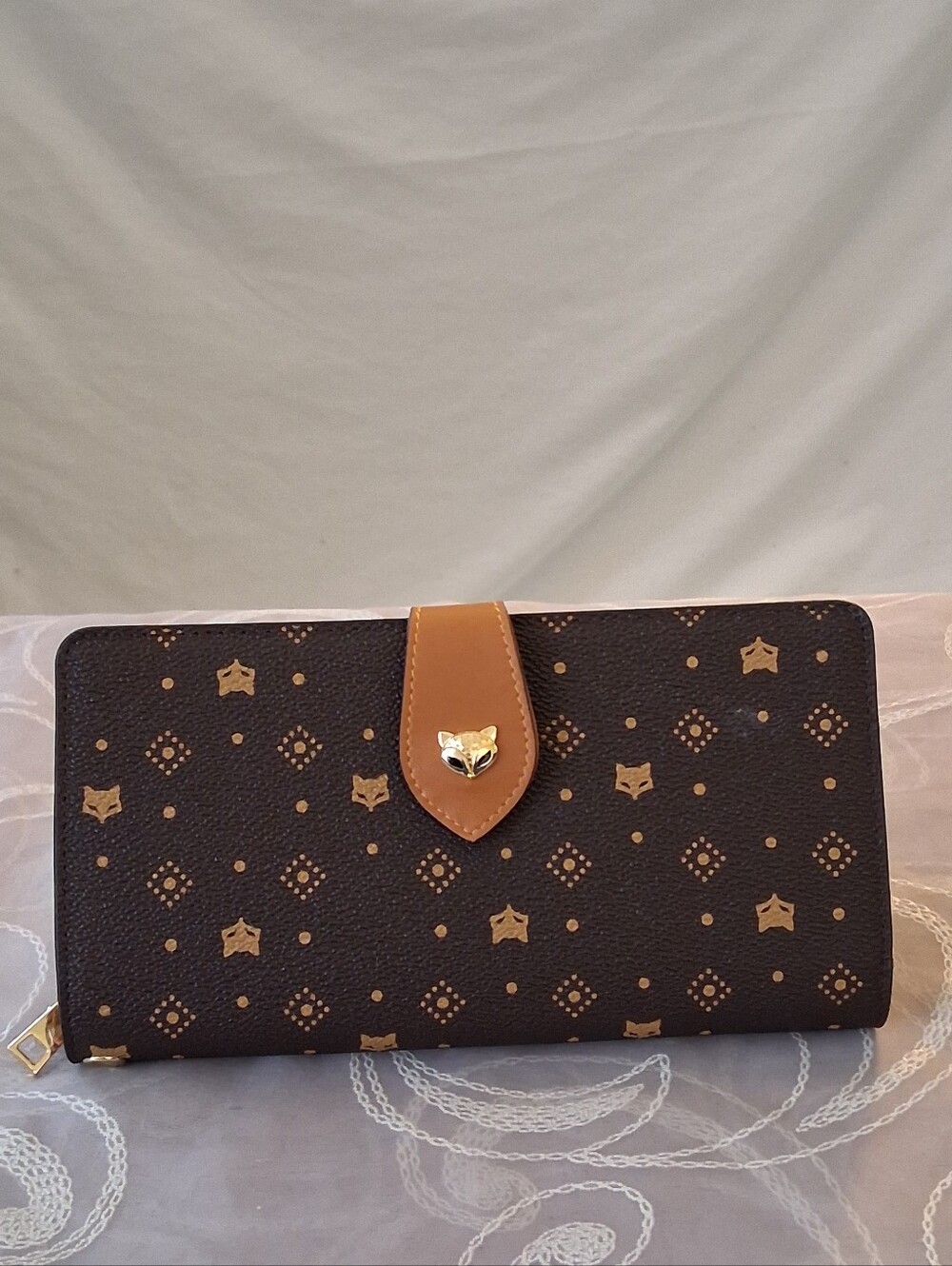 Foxer Monogram Clutch Wallet W/Gold-Tone Fox Head Clasp NWOT